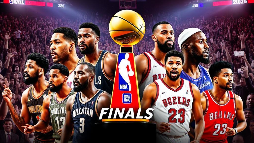 A dynamic collage featuring star players from the top NBA teams, set against a backdrop of a roaring crowd and the iconic NBA Finals trophy.