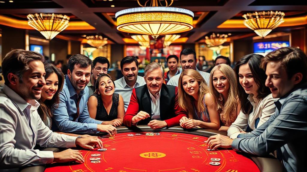 A captivating image of a diverse group of people gathered around a casino table, each displaying a mix of excitement, anticipation, and contemplation, symbolizing the varied motivations behind gambling.