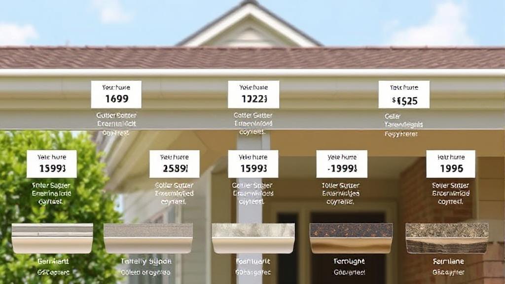 A detailed illustration of various gutter styles and materials with price tags, set against a backdrop of a house exterior.