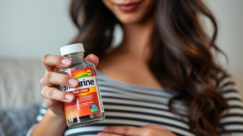 A close-up of a pregnant woman holding a bottle of Dramamine, with a questioning expression on her face.