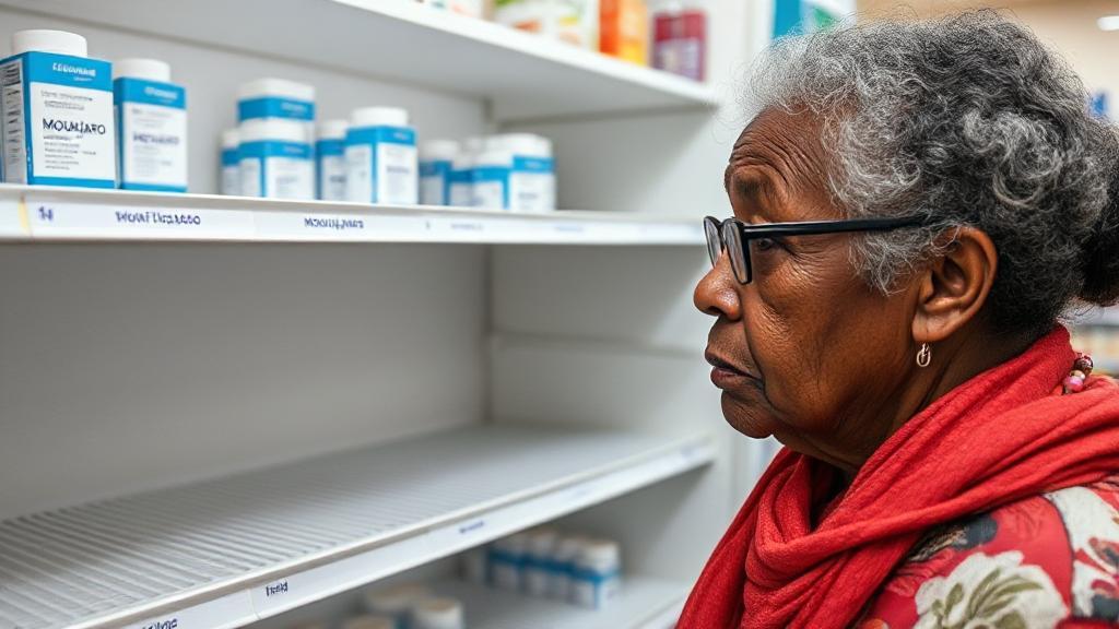 A concerned patient looks at an empty pharmacy shelf where Mounjaro medication is usually stocked, highlighting the ongoing shortage issue.