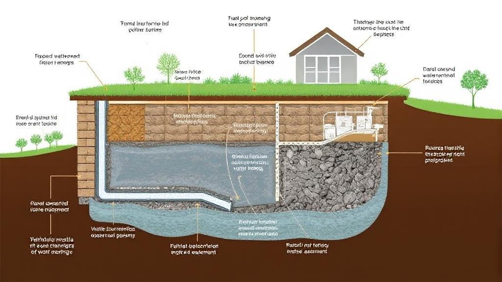 A detailed illustration of a basement cross-section showcasing various waterproofing techniques and their associated costs.
