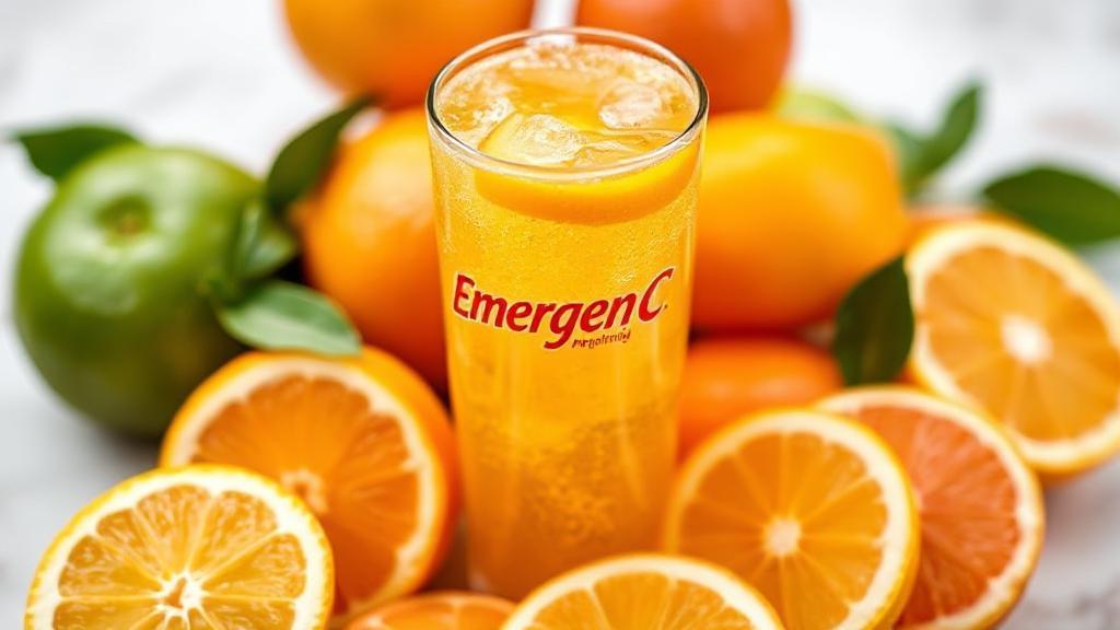 A vibrant image of a glass of effervescent Emergen-C, surrounded by fresh citrus fruits, symbolizing health and vitality.
