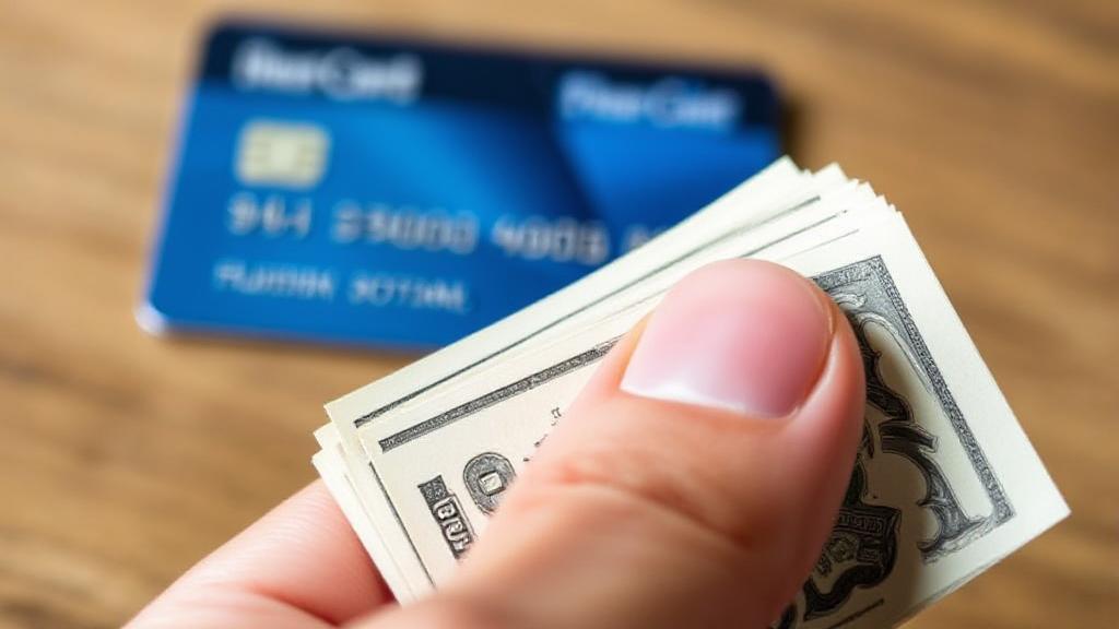 A close-up image of a hand holding a stack of cash with a credit card in the background, symbolizing the concept of cash advances.