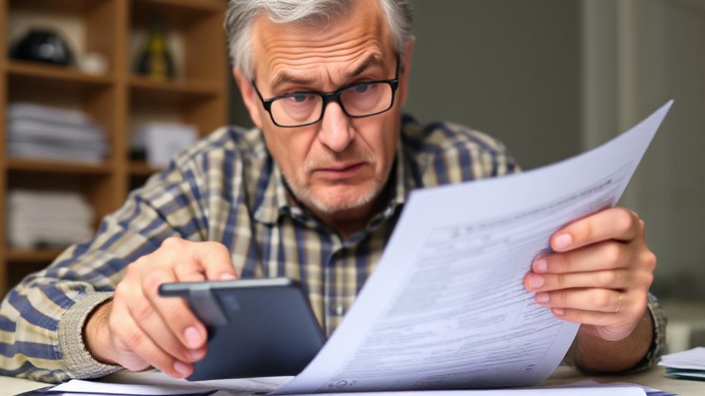 A perplexed taxpayer reviewing state tax documents with a calculator and zero allowances form in the background.