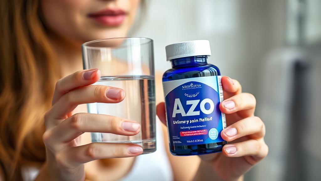 A close-up image of a woman holding a glass of water and a bottle of Azo urinary pain relief pills, set against a soft-focus background of a bathroom.