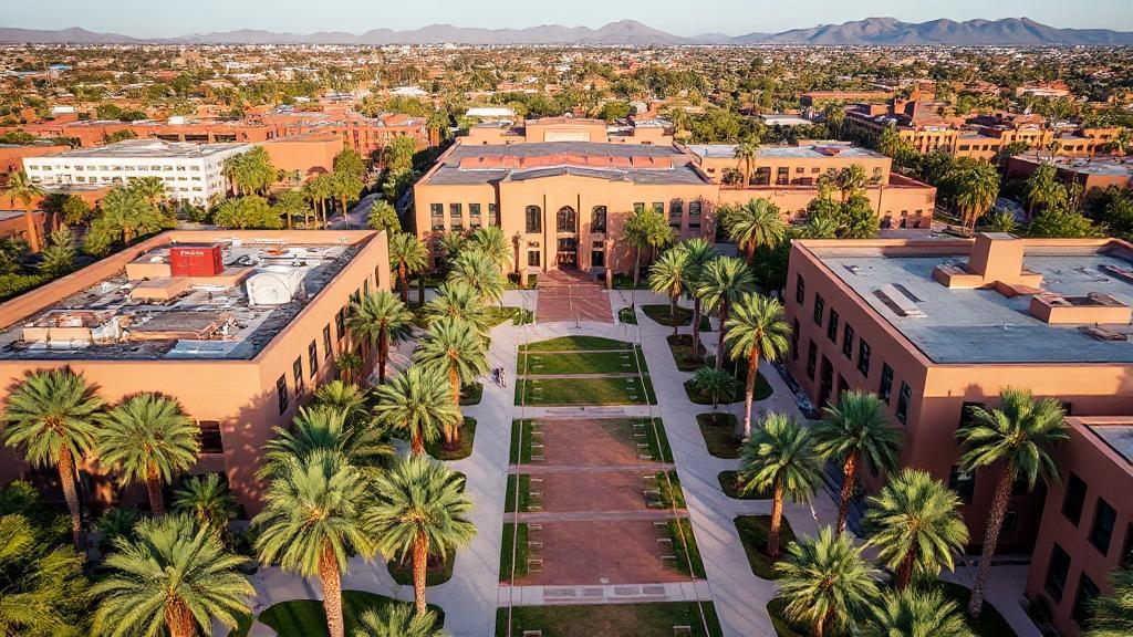 Aerial view of Arizona State University's Tempe campus with iconic palm-lined walkways and modern architecture.