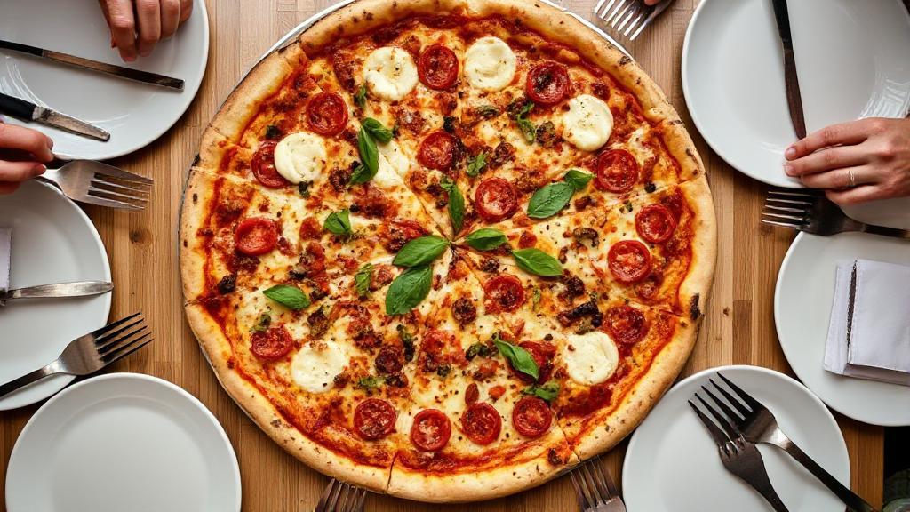 A top-down view of a large pizza with various toppings, surrounded by plates and utensils, ready to be shared among a group.