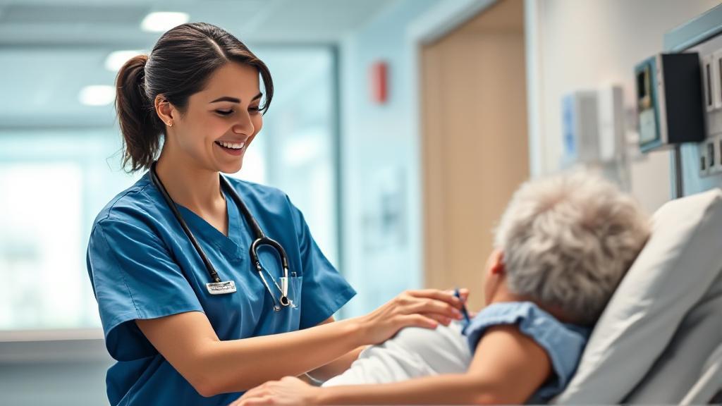 A compassionate registered nurse attentively caring for a patient in a modern hospital setting, symbolizing the diverse roles and responsibilities in healthcare.