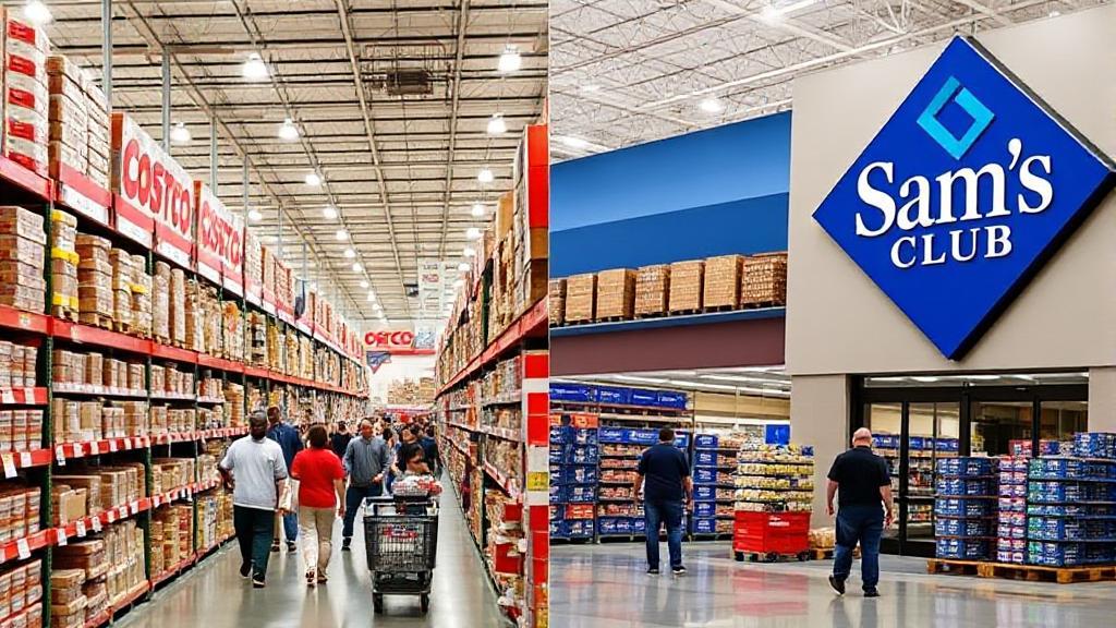 A split image showcasing the bustling aisles of Costco on one side and Sam's Club on the other, highlighting the shopping experience at each warehouse club.