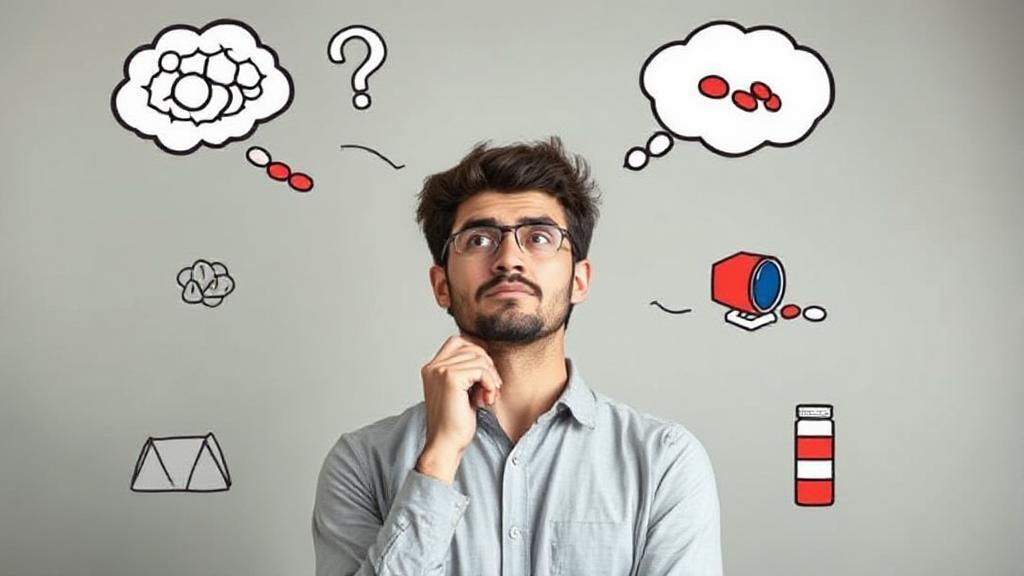 A thoughtful individual weighing options, surrounded by symbolic representations of anxiety and medication, set against a calming, neutral background.