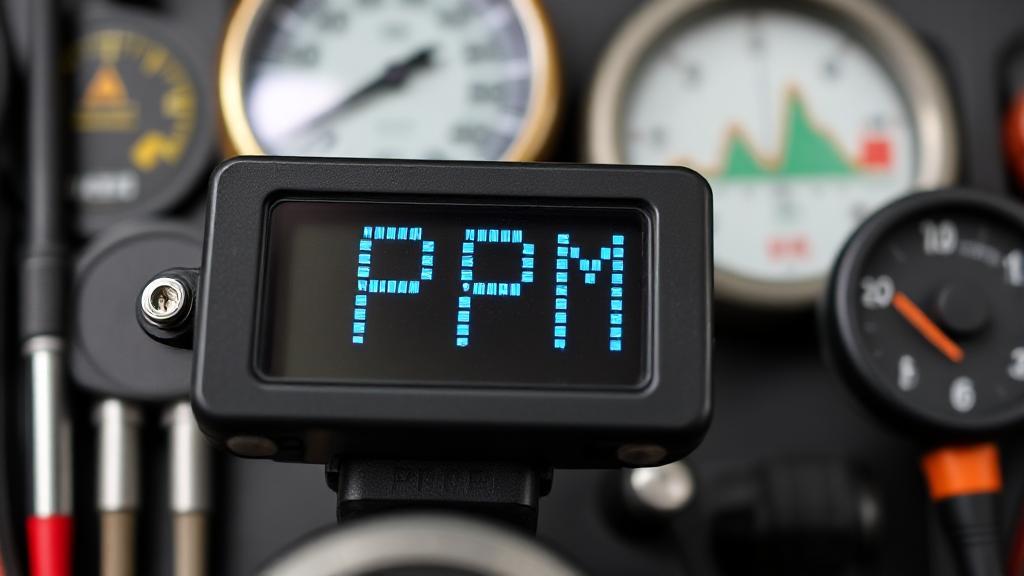 A close-up image of a digital display showing "PPM" with a background of various measuring instruments and graphs.