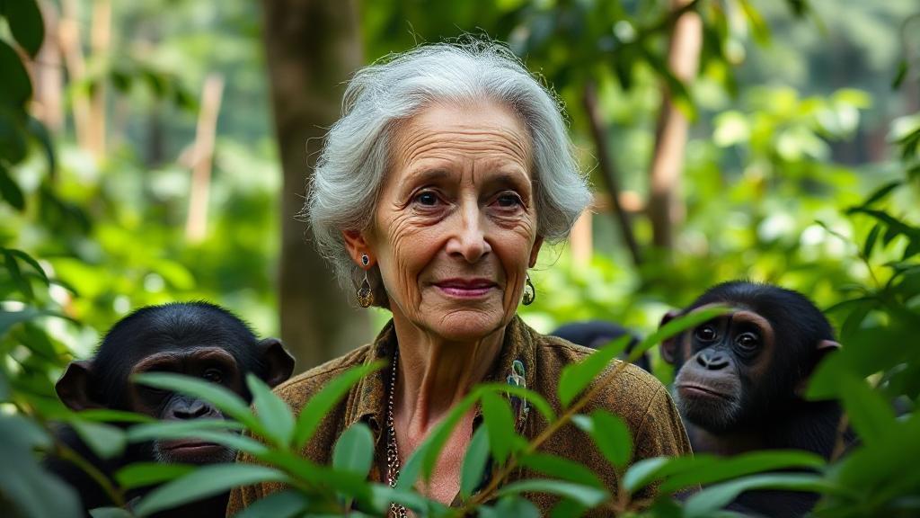A serene portrait of Jane Goodall in the lush Gombe forest, surrounded by chimpanzees, symbolizing her groundbreaking work in primatology and conservation.