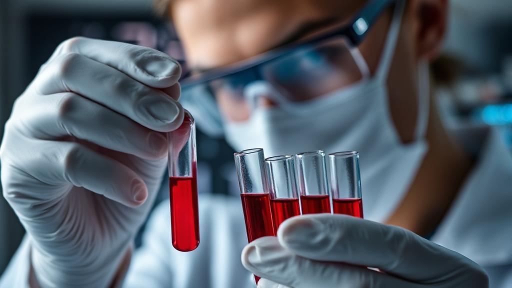 A close-up of a lab technician analyzing blood samples in test tubes against a backdrop of a digital clock.