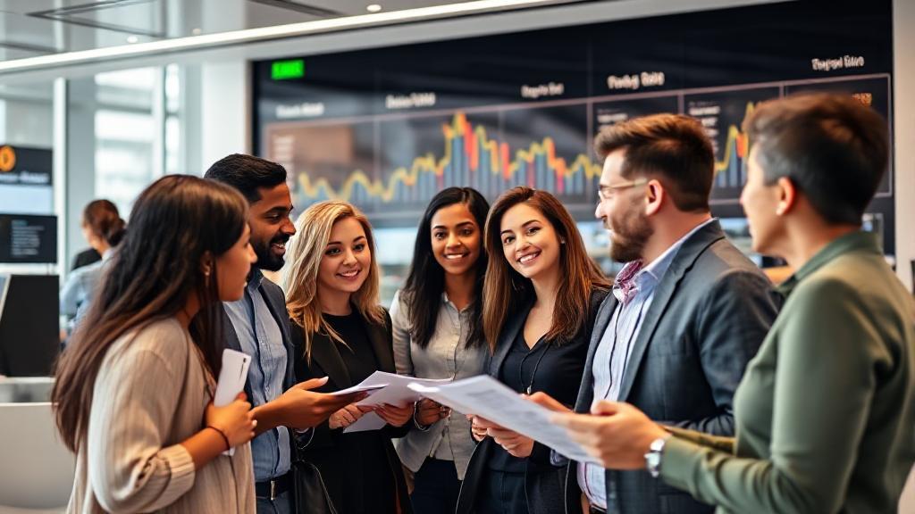 A diverse group of people discussing financial options at a modern bank, with charts and currency symbols in the background.