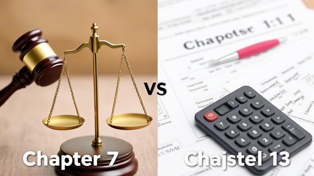 A split image depicting a gavel and scales of justice on one side and a calculator with financial documents on the other, symbolizing the decision between Chapter 7 and Chapter 13 bankruptcy.