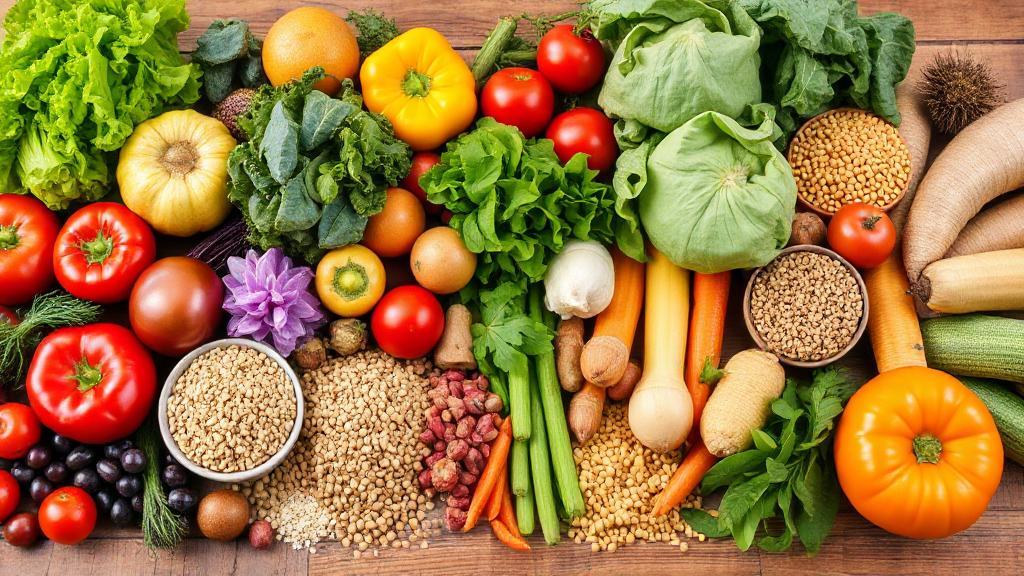 A vibrant assortment of fresh fruits, vegetables, grains, and legumes arranged on a rustic wooden table, highlighting the abundance and variety of plant-based foods.