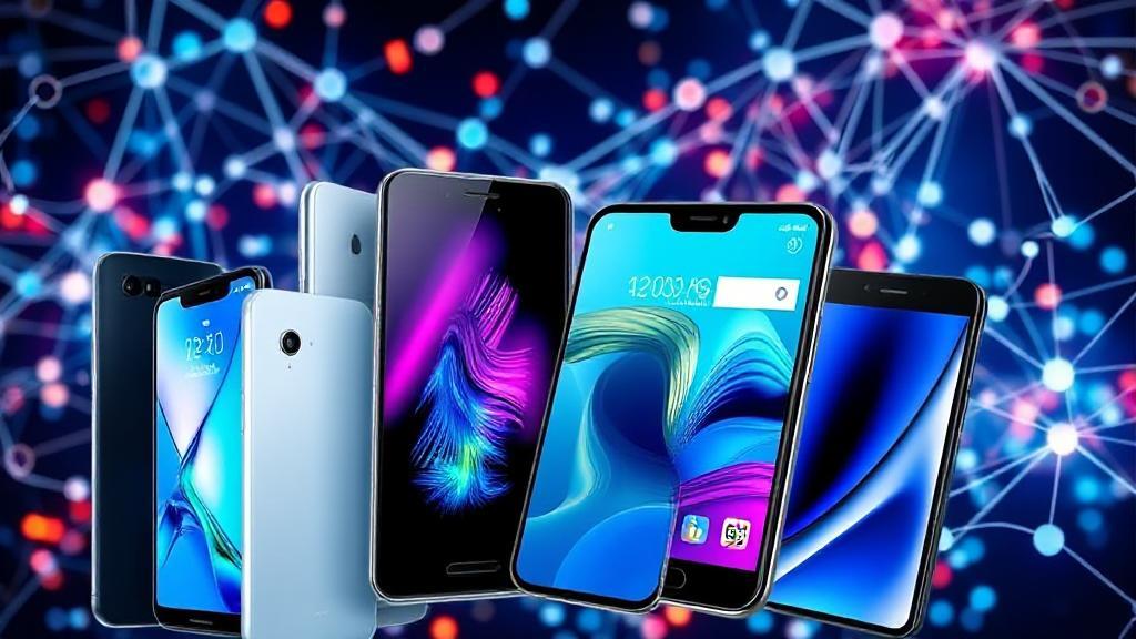 A dynamic collage of sleek, modern smartphones from leading brands, set against a backdrop of vibrant, interconnected digital networks.