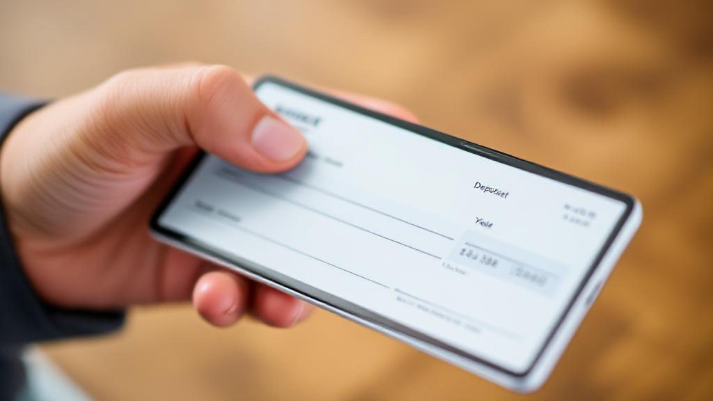A close-up image of a hand holding a smartphone above a check, capturing the process of mobile check deposit.
