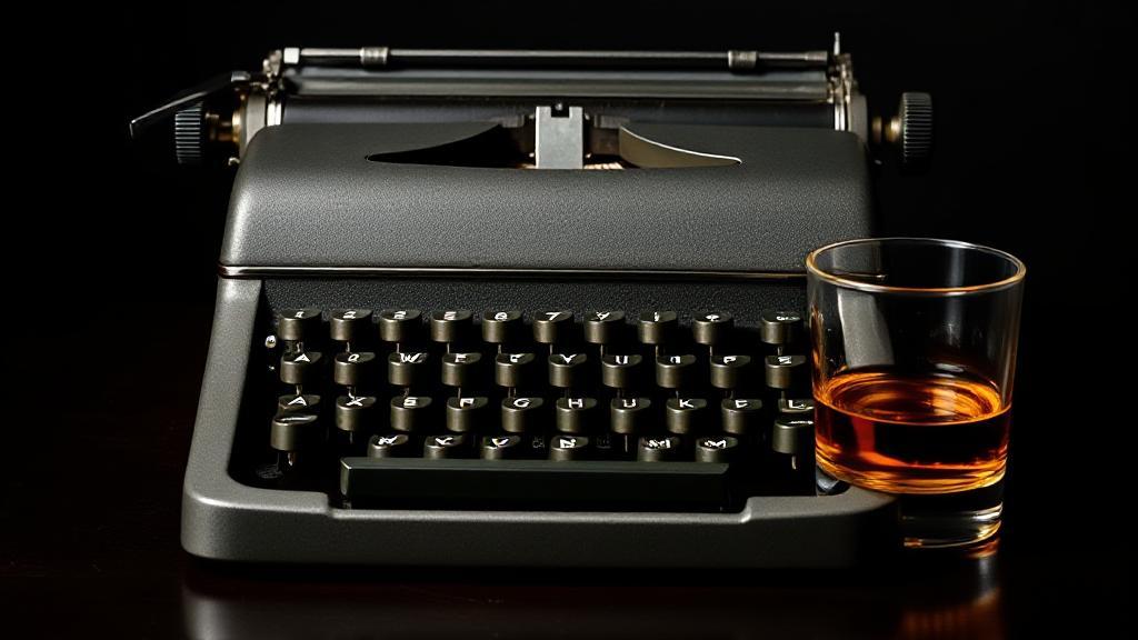 A sleek and stylish image of a vintage typewriter with a glass of whiskey beside it, evoking the mid-century modern aesthetic of "Mad Men."
