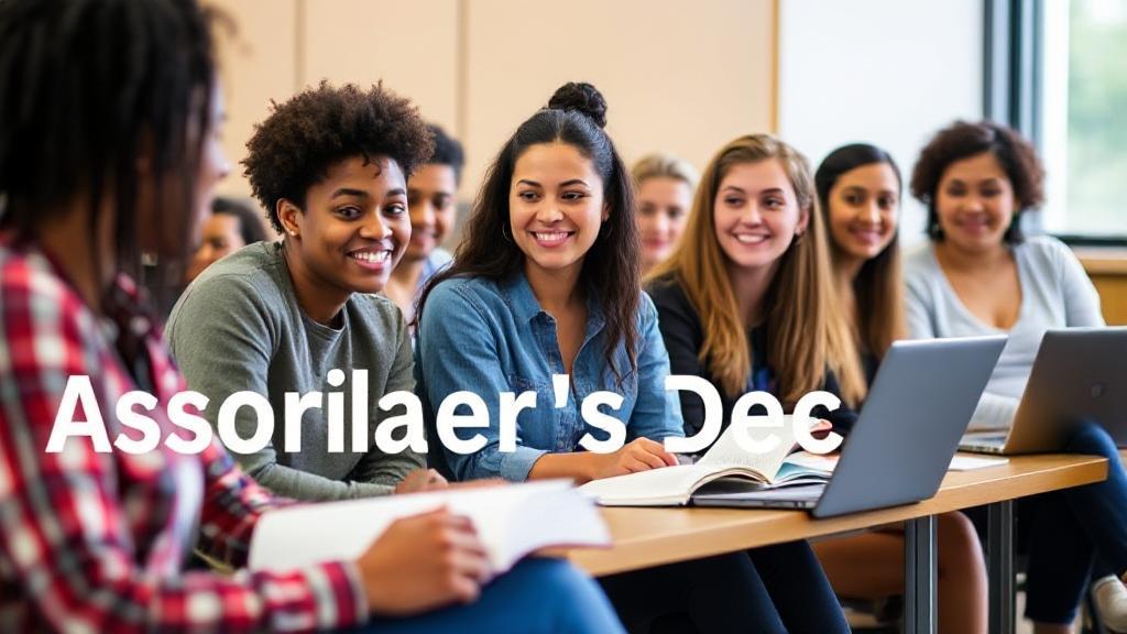 A diverse group of students in a classroom setting, engaged in a discussion, with textbooks and laptops open, symbolizing the pursuit of an associate's degree.
