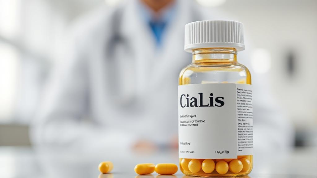 A close-up image of a Cialis pill bottle with a blurred background of a doctor's office, symbolizing medical consultation and safety.