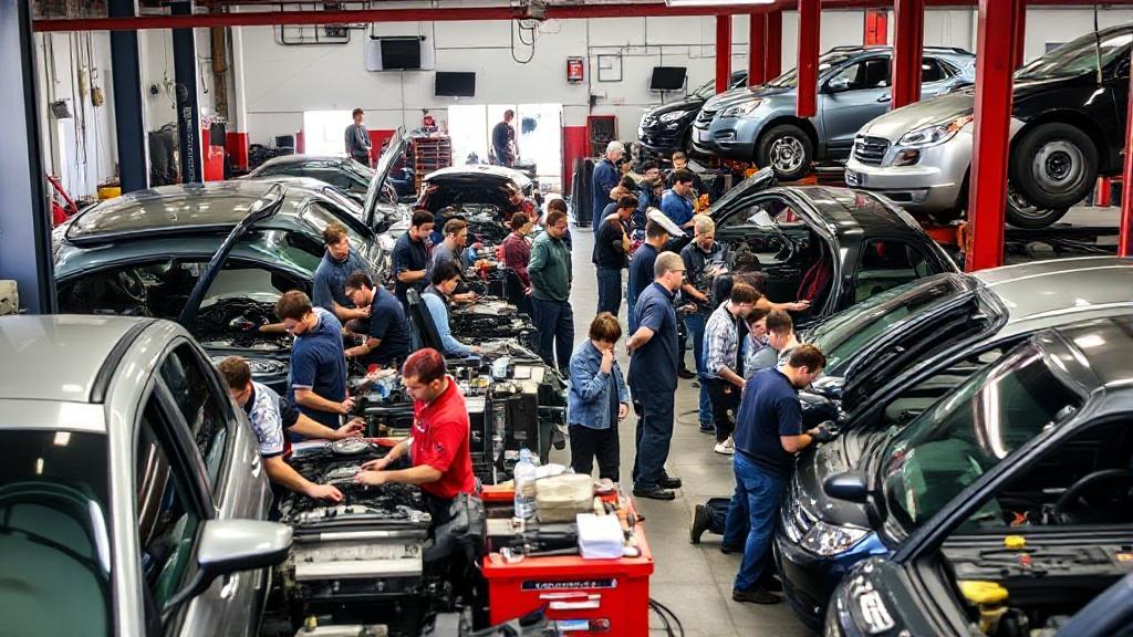 A diverse group of car mechanics working in a bustling auto repair shop, surrounded by various tools and vehicles.