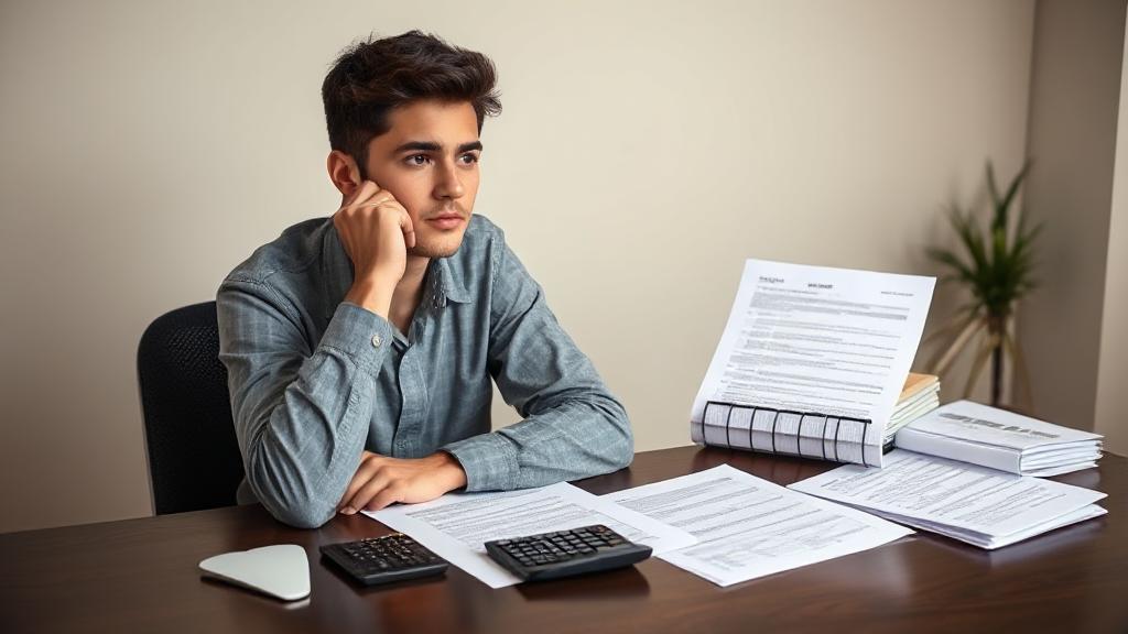 A thoughtful student sitting at a desk surrounded by loan documents and a calculator, contemplating financial decisions.