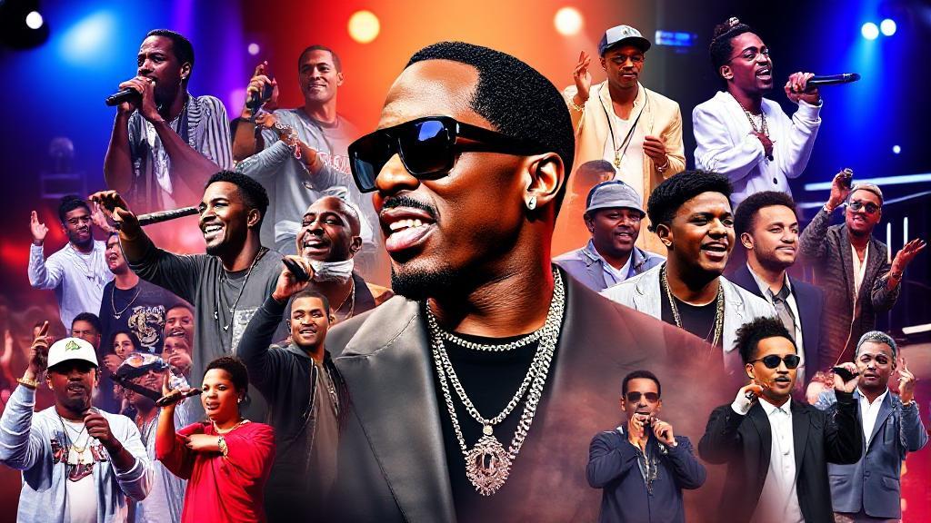 A dynamic collage of Diddy's iconic moments and recent ventures, capturing his evolution in the music and business world.