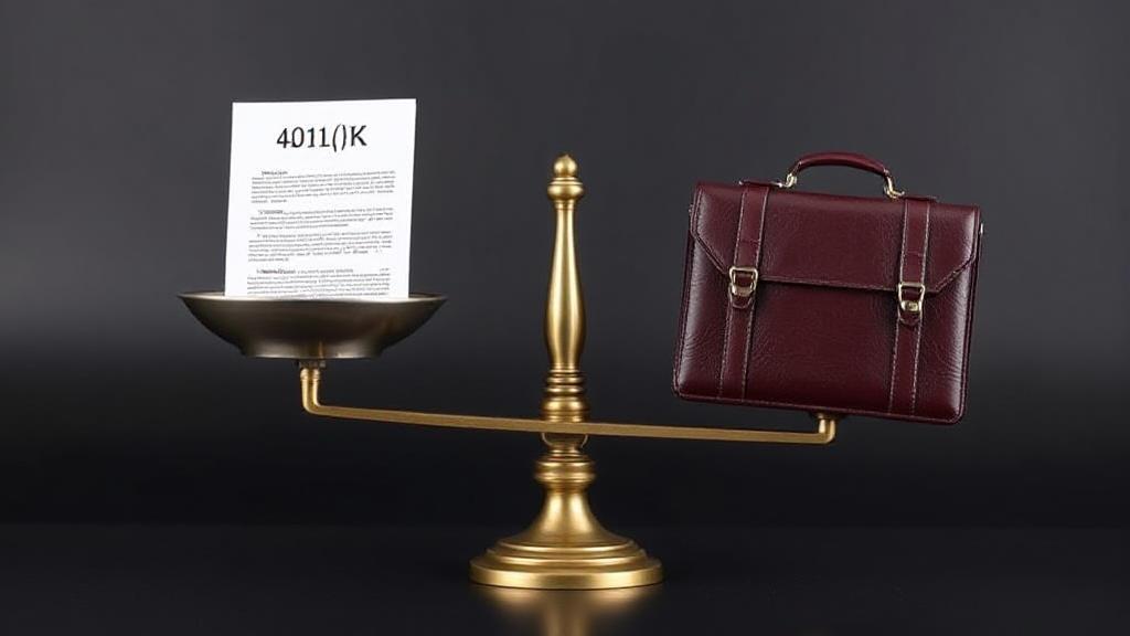 A balanced scale with a 401(k) document on one side and a briefcase on the other, symbolizing the decision to transfer retirement funds to a new employer.