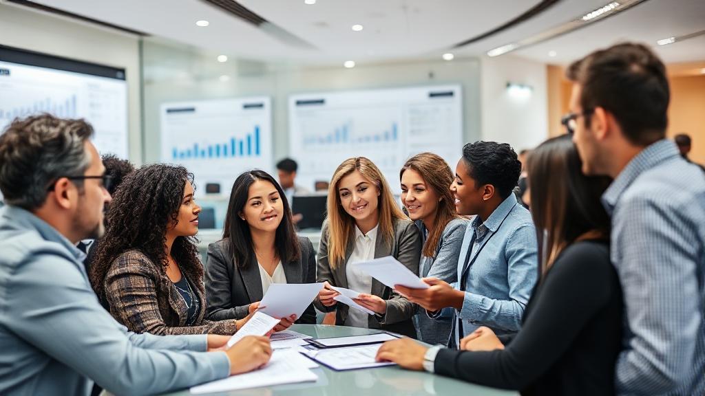 A diverse group of people discussing financial options in a modern bank setting, with charts and graphs in the background.