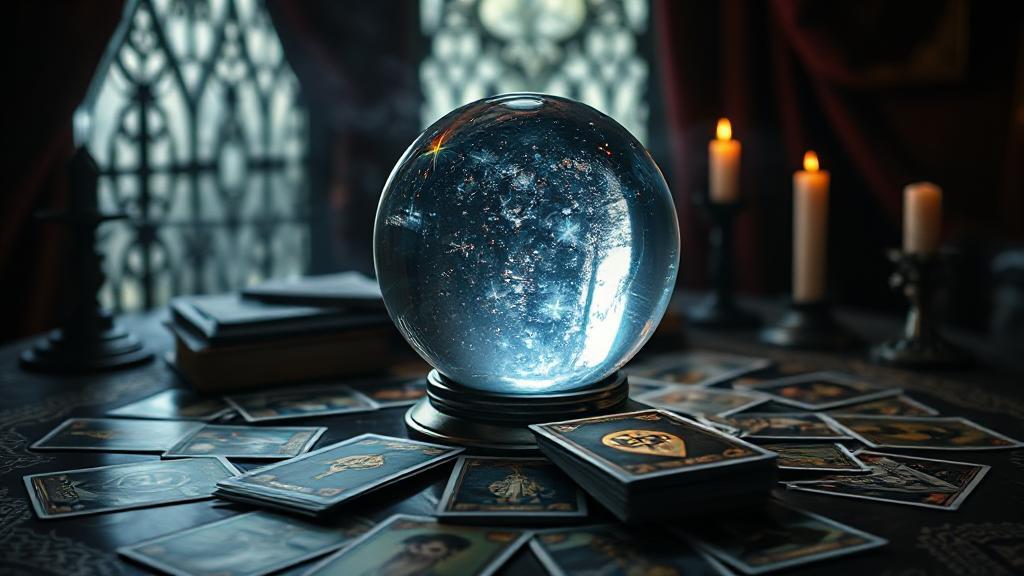 A mystical crystal ball surrounded by tarot cards and a dimly lit room, evoking the enigmatic allure of psychic phenomena.