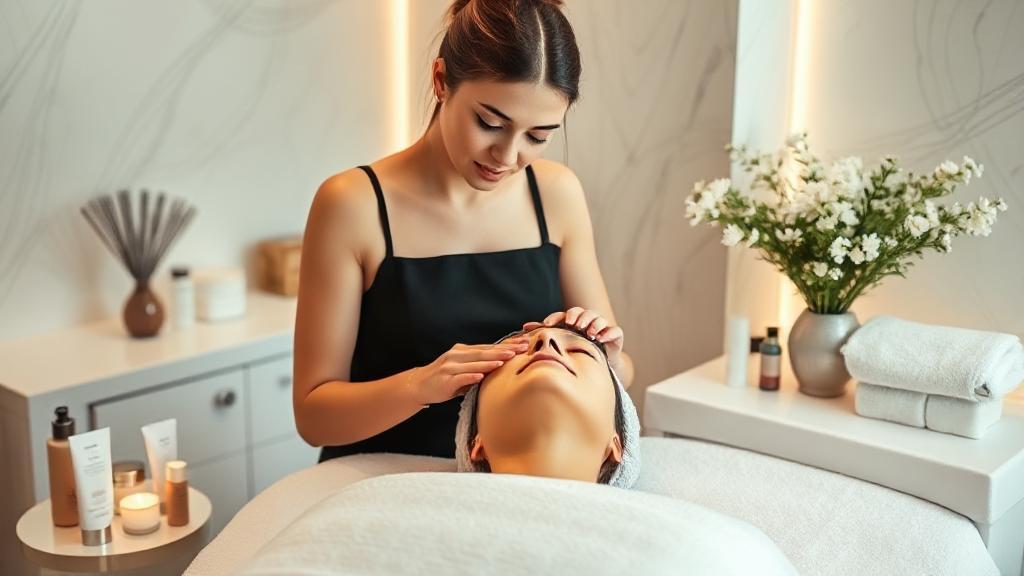 A serene spa setting with an esthetician performing a facial treatment on a client, surrounded by skincare products and soft lighting.