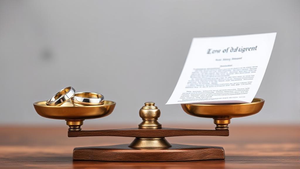 A balanced scale with wedding rings on one side and a legal document on the other, symbolizing the intersection of marriage and legal agreements.