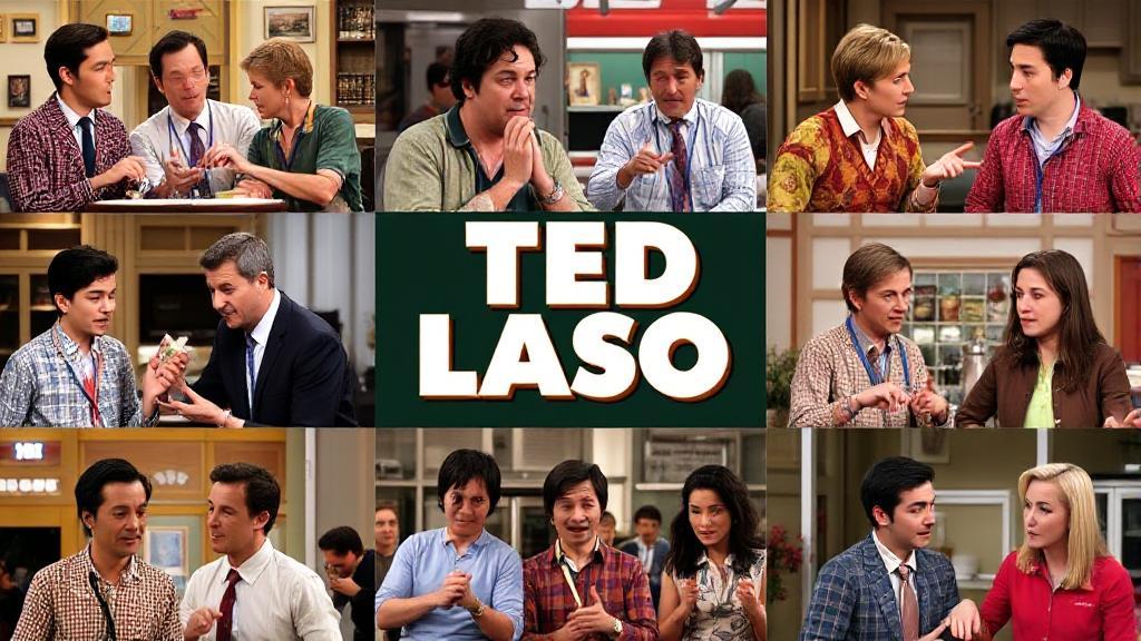 A vibrant collage of key moments from each season of Ted Lasso, featuring the main cast in iconic scenes.