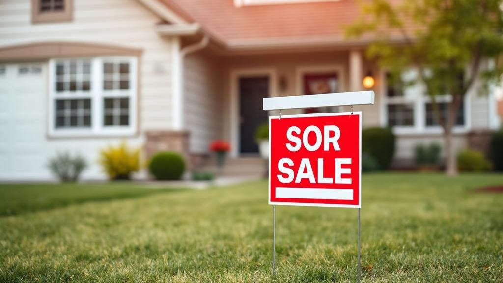 A cozy suburban home with a "For Sale" sign on the lawn, symbolizing real estate and home equity.