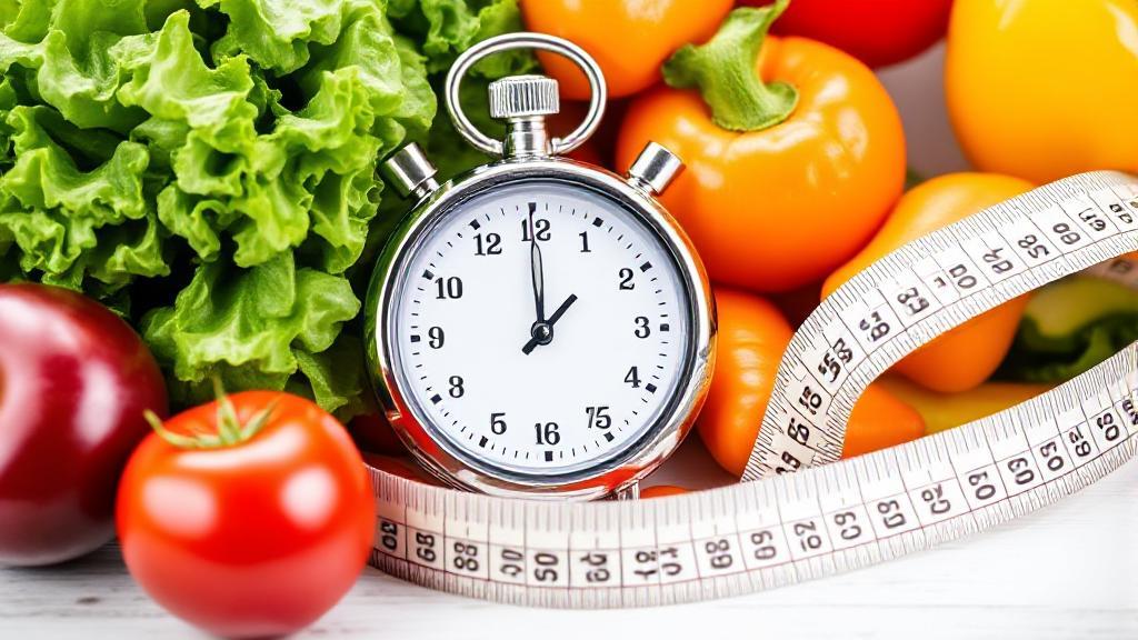 A vibrant image of a stopwatch surrounded by fresh vegetables and a measuring tape, symbolizing rapid weight loss with Wegovy.