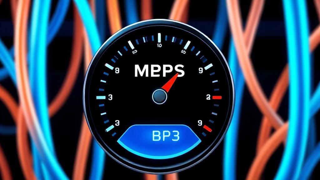 A digital illustration of a speedometer with Mbps markings, symbolizing internet speed, set against a backdrop of interconnected network cables.