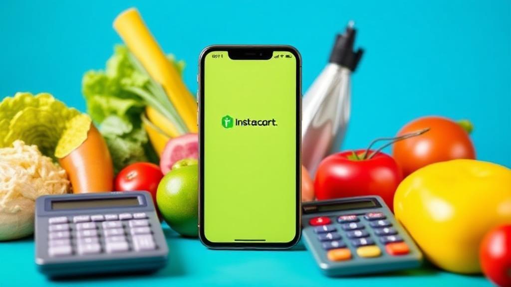 A vibrant image of a smartphone displaying the Instacart app, surrounded by grocery items and a calculator, symbolizing the financial aspects of being an Instacart shopper.