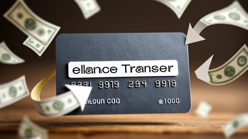 A credit card with a balance transfer label, surrounded by floating dollar bills and arrows indicating movement.