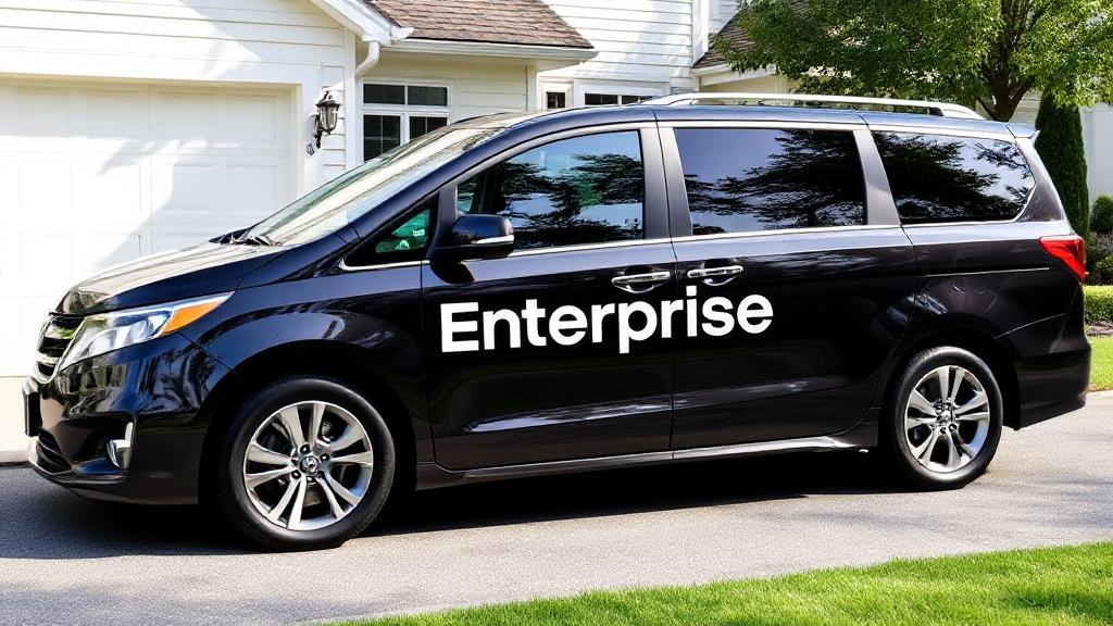 A sleek Enterprise Rent-A-Car vehicle parked outside a suburban home, illustrating their convenient pickup service.
