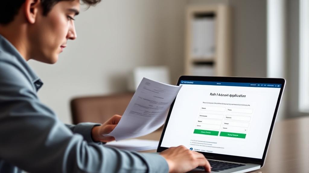 A serene image of a young professional reviewing financial documents at a desk, with a laptop open to a Roth IRA account application page.
