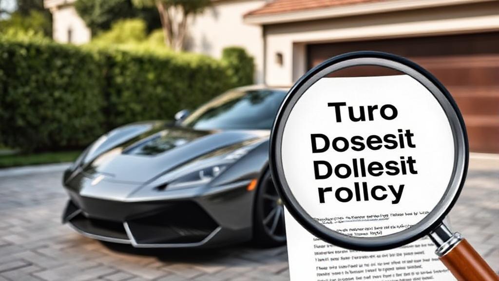 A sleek car parked in a driveway, with a magnifying glass hovering over a document labeled "Turo Deposit Policy."