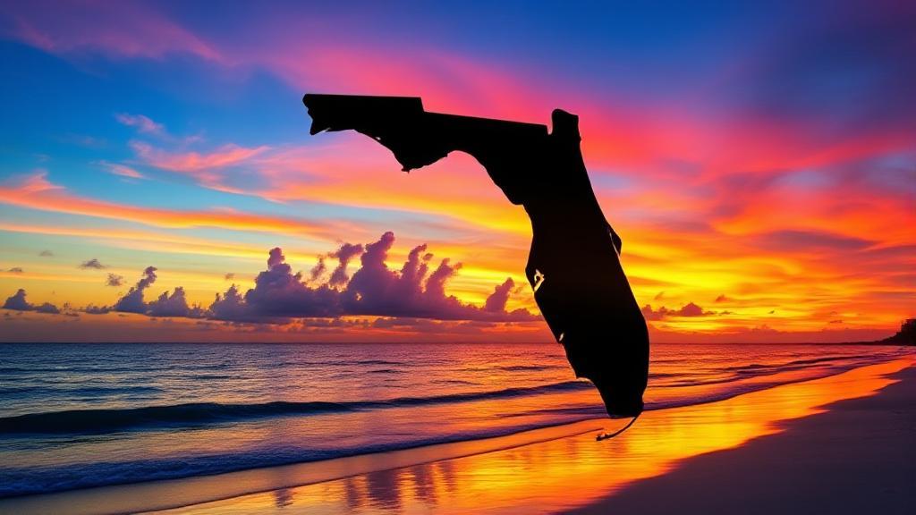 A vibrant sunset over a Florida beach with a silhouette of the state map, symbolizing the absence of state income tax.