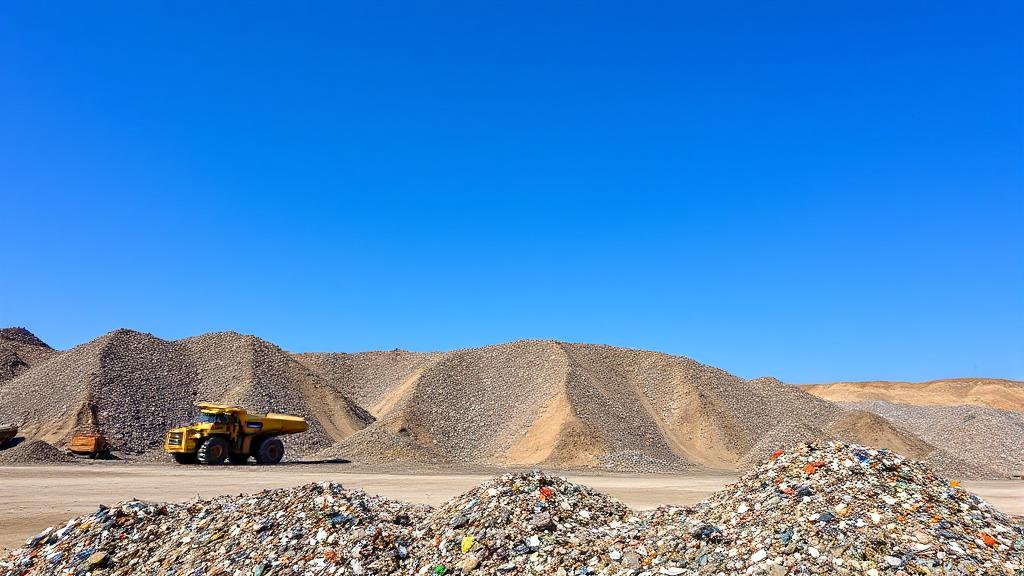 Aerial view of a landfill site with heavy machinery and waste piles under a clear blue sky.