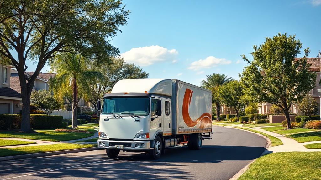 A delivery truck navigates a suburban neighborhood on a sunny Saturday morning, symbolizing weekend shipping services.