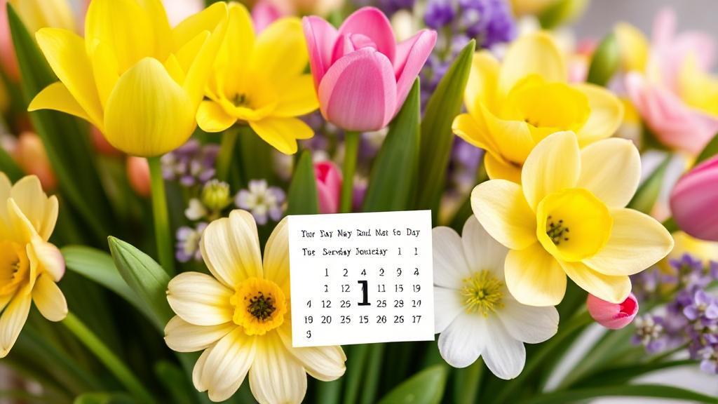 A vibrant bouquet of spring flowers with a calendar marked on the second Sunday of May.