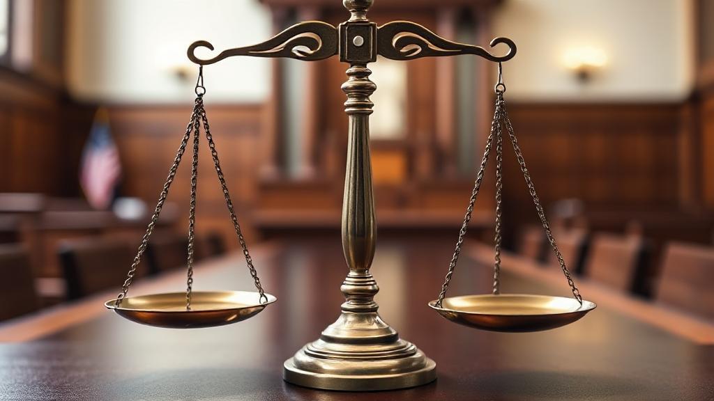 A balanced scale symbolizing justice, set against a backdrop of a courtroom, representing the weighing of pros and cons in a legal career.