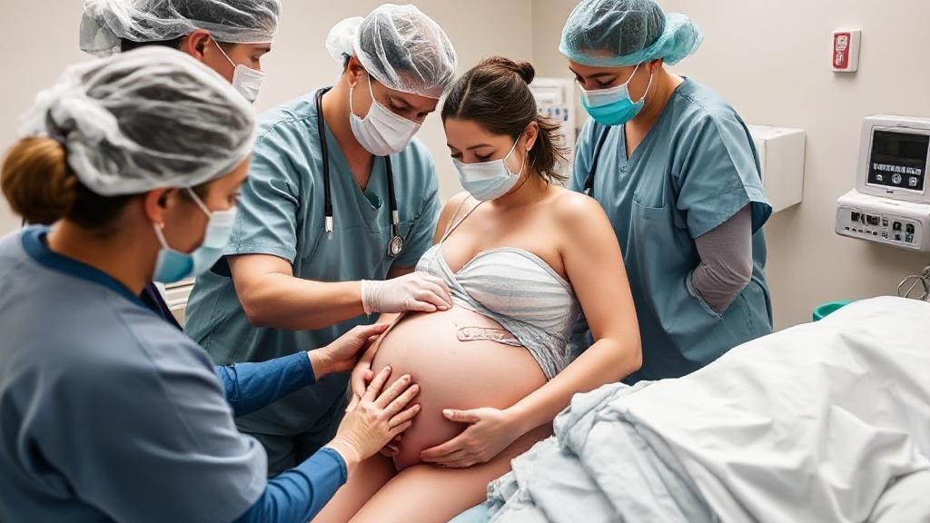 A medical team assisting a pregnant woman in labor, focusing on techniques to manage shoulder dystocia during childbirth.