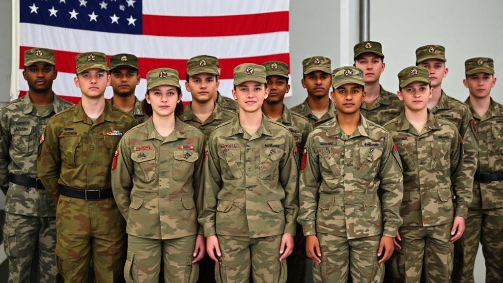 A diverse group of military recruits standing in formation, representing various branches and age groups, against a backdrop of the American flag.